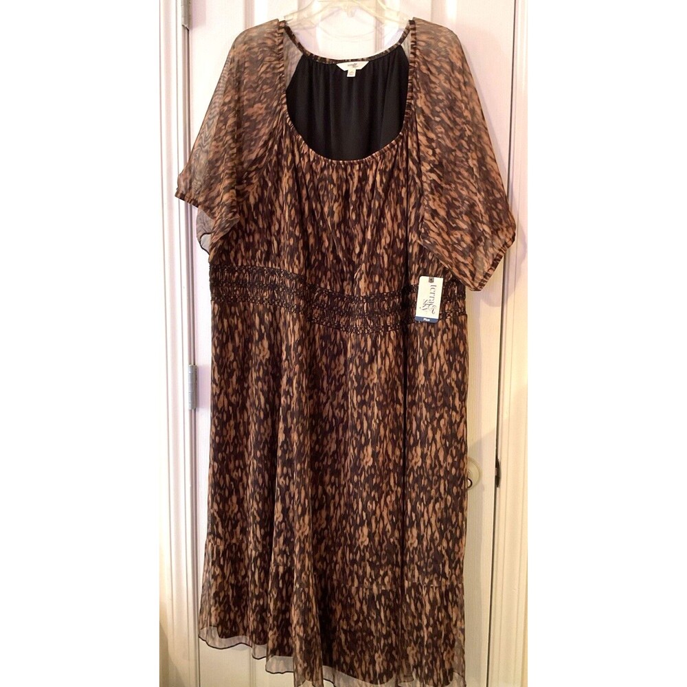 Terra & Sky Animal Print Mesh Lined Dress Size 4X Plus Smocked Waist Stretch NWT